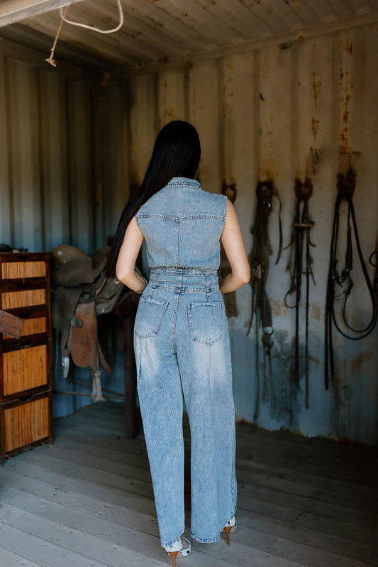 The Geraldine Wide Leg Denim Jumpsuit