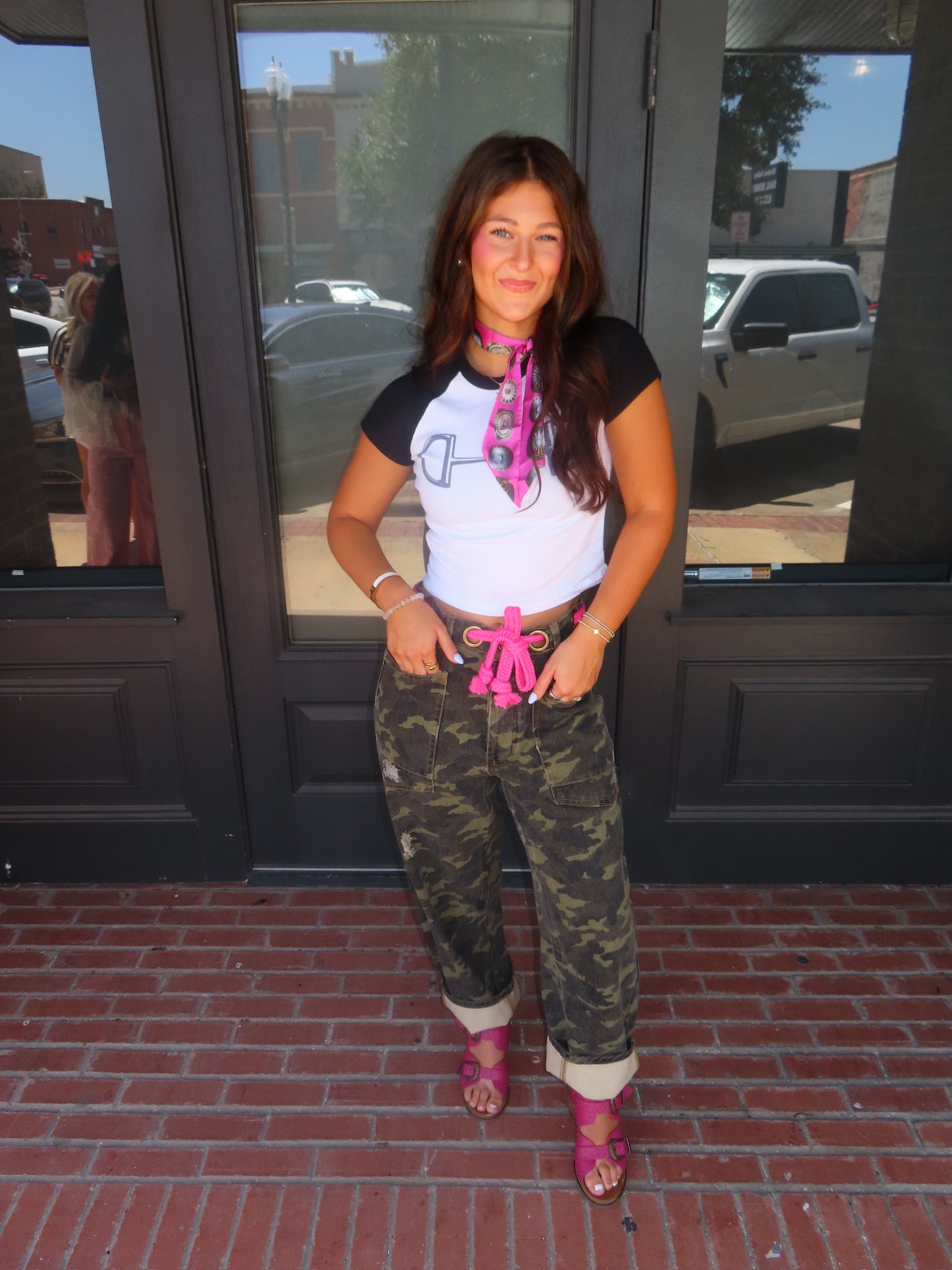 The Camo Barrel Jeans with Pink Rope Belt