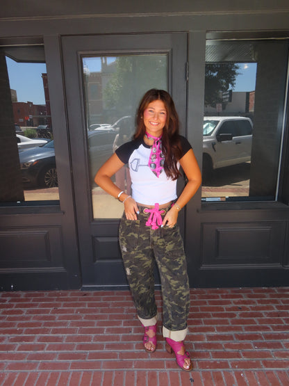 The Camo Barrel Jeans with Pink Rope Belt