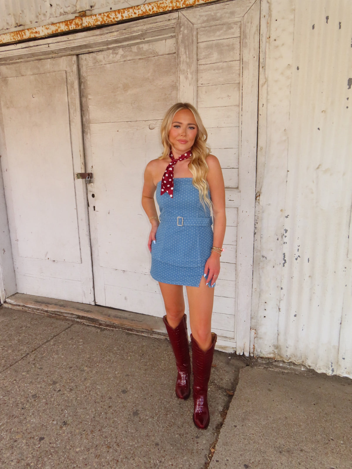 The Denim Peplum Polka Dot set