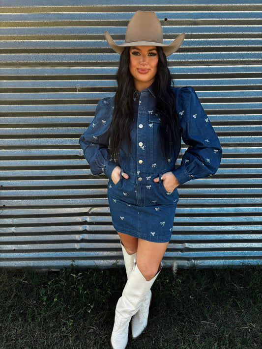 Dark Wash Denim Bow Dress