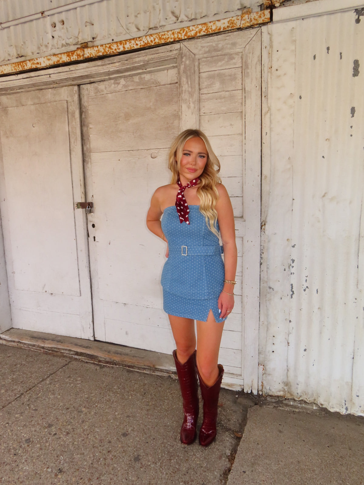 The Denim Peplum Polka Dot set