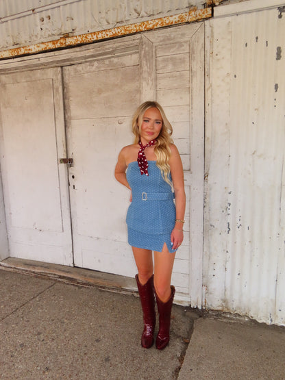 The Denim Peplum Polka Dot set