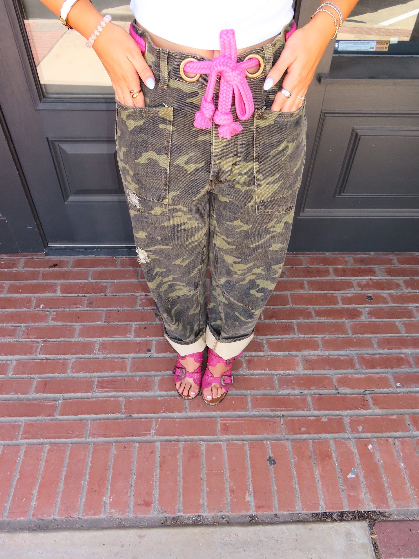 The Camo Barrel Jeans with Pink Rope Belt