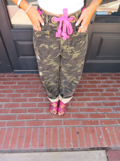 The Camo Barrel Jeans with Pink Rope Belt