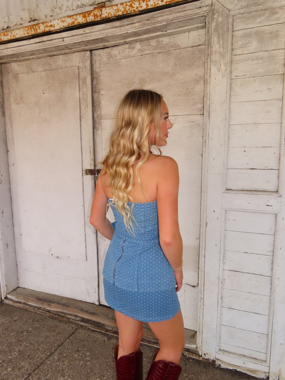 The Denim Peplum Polka Dot set