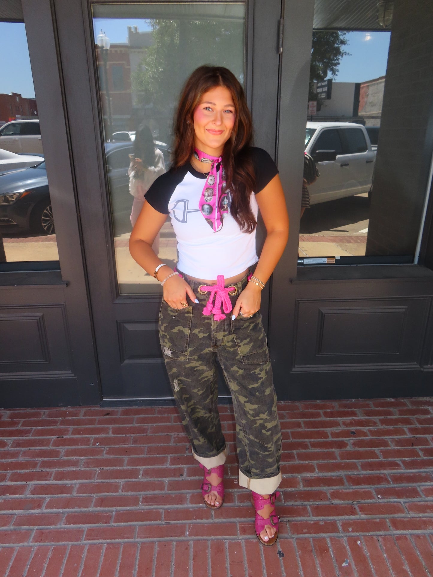 The Camo Barrel Jeans with Pink Rope Belt