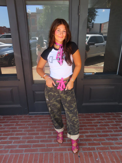 The Camo Barrel Jeans with Pink Rope Belt